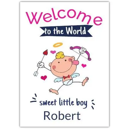 Personalised Welcome to the World New Baby Boy Card Cute Cupid Baby Design