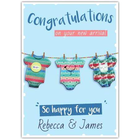 Personalised Congratulations New Baby Arrival Card with Blue Baby Clothesline Design