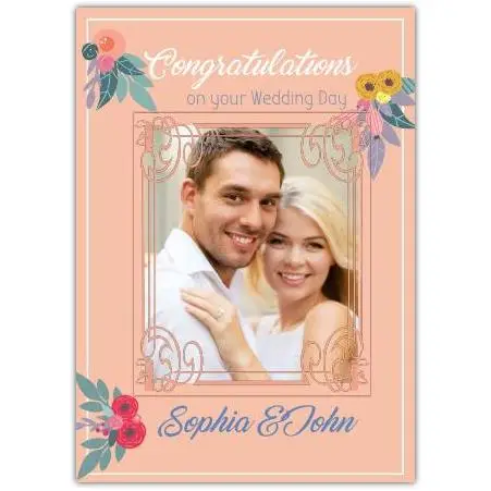 Personalised Congratulations Wedding Day Card with Floral Design and Photo Upload Option
