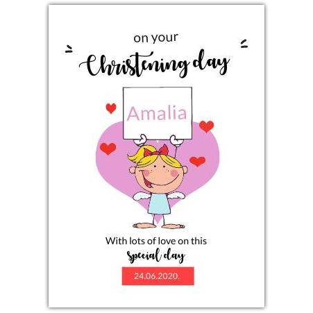 Personalised Christening Day Card with Angel and Hearts for Baby Girl Special Occasion