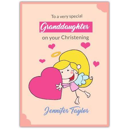 Personalised Granddaughter Christening Card with Angel Holding Heart Design