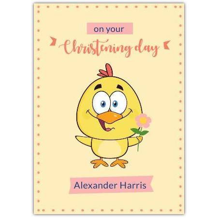 Personalised Christening Day Card with Cute Yellow Bird Holding Flower for Boys