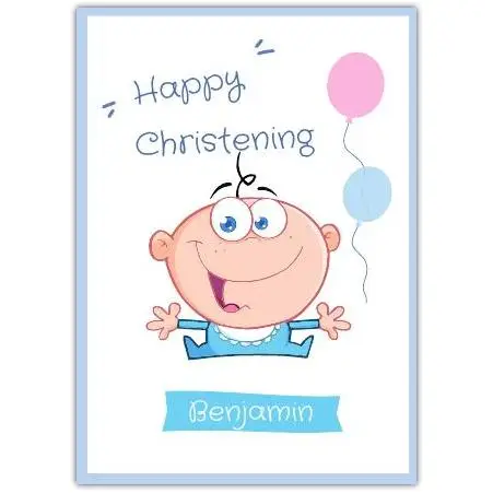 Happy Christening Baby Boy Card with Blue and Pink Balloons Personalised Name Option