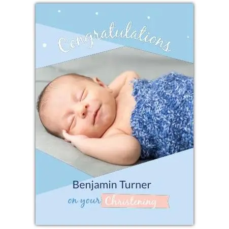 Personalised Baby Boy Christening Congratulations Card with Photo Blue Design