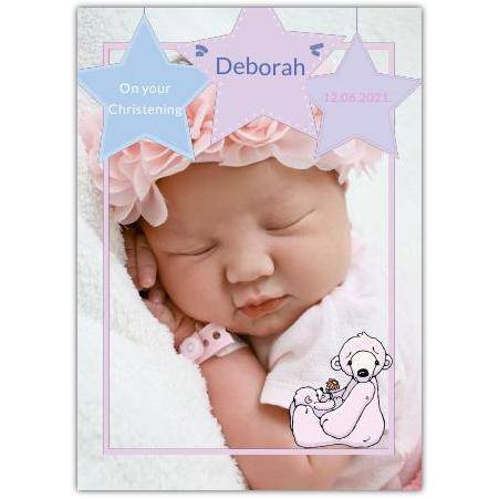 Personalised Christening Card with Photo White Bear and Stars Design for Baby Girl