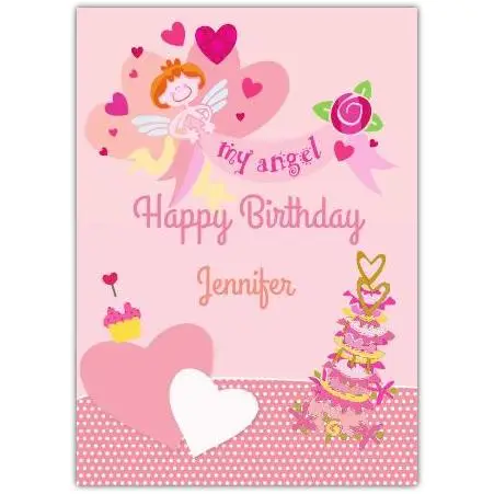 Happy Birthday My Angel Pink Hearts and Cake Personalised Girl Birthday Card
