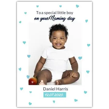 Personalised Naming Day Card for Baby Boy Blue Hearts Photo Insert