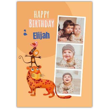 Personalised Happy Birthday Card for Baby Boy with Tiger Monkey Bird and 3 Photo Slots