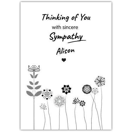 Personalised Thinking of You Sympathy Card with Floral Design in Black and White