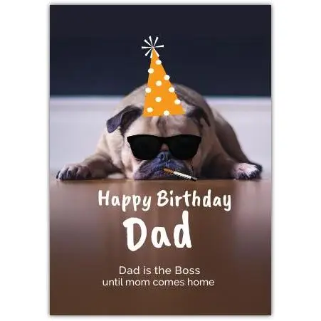 Funny Birthday Card for Dad with Dog Wearing Party Hat Sunglasses and Cigarette
