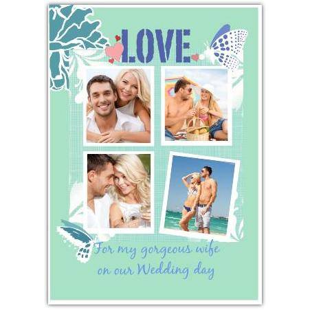 Personalised 4 Photo Butterfly Love Wedding Day Card for Wife in Green