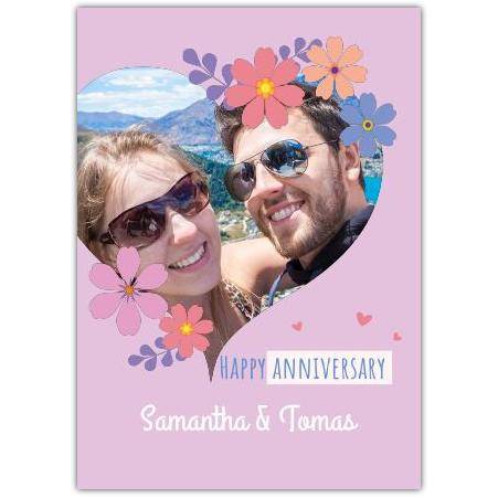 Personalised Happy Anniversary Card with Heart Photo and Purple Floral Design