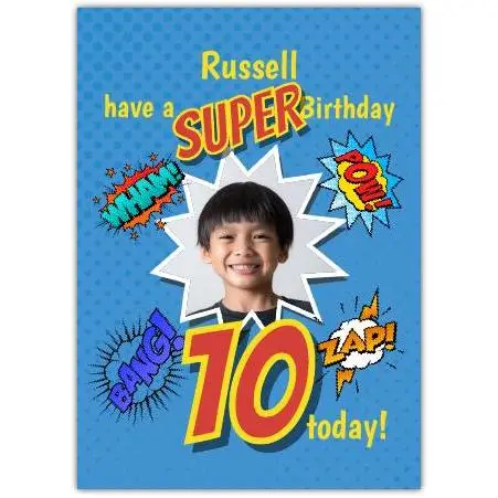 Personalised Superhero Comic Style 10th Birthday Card with Photo and Name