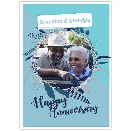Personalised Happy Anniversary Card for Grandma and Grandpa with Blue Floral Photo Frame