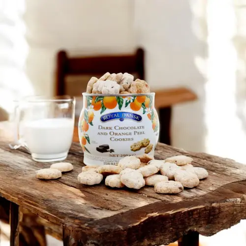 Dark Chocolate & Orange Peel Cookies in Globe Tin 250g