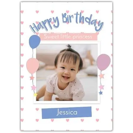 Personalised Baby Girl Happy Birthday Card with Photo Upload Pastel Balloons and Hearts