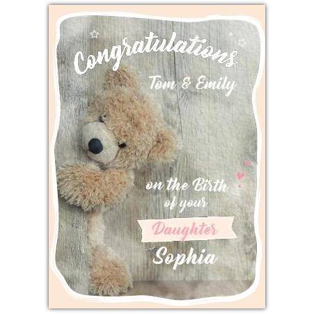 Personalised New Baby Daughter Congratulations Teddy Bear Card with Names and Photo Option