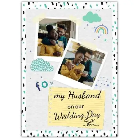 Personalised Wedding Day Card for Husband with Photo Upload and Playful Cloud Pattern