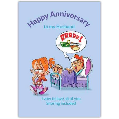 Funny Husband Anniversary Card with Snoring Cartoon and Loving Message