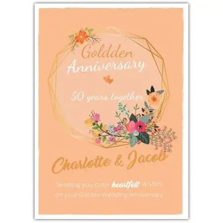 Golden 50th Wedding Anniversary Floral Frame Personalised Card