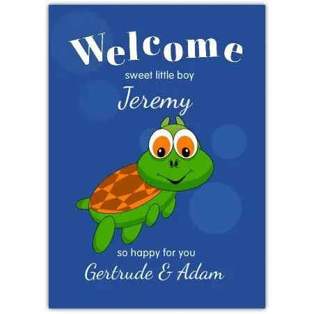 Personalised Blue Turtle New Baby Boy Welcome Card for Newborn Son or Grandson