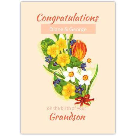 Personalised Congratulations on Birth of Grandson Yellow Bouquet Card