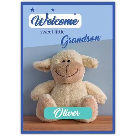 Welcome Little Grandson New Baby Blue Sheep Teddy Personalised Card