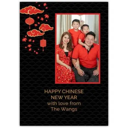 Personalised Chinese New Year Photo Card Red and Black Lanterns Design with Gold Text