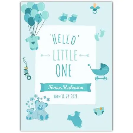 Personalised New Baby Boy Greeting Card Blue Balloons Teddy Bear Pram Design