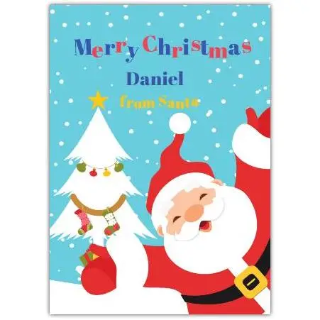 Personalised Merry Christmas Santa and White Tree Kids Greeting Card