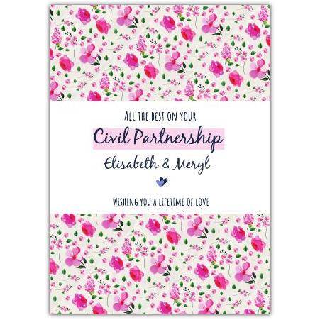 Civil Partnership Card with Pretty Pink Flowers and Personalised Names