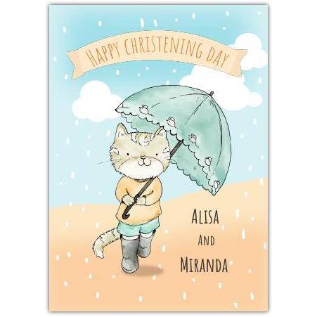 Personalised Christening Day Card Cute Kitty Cat with Umbrella Watercolour Design