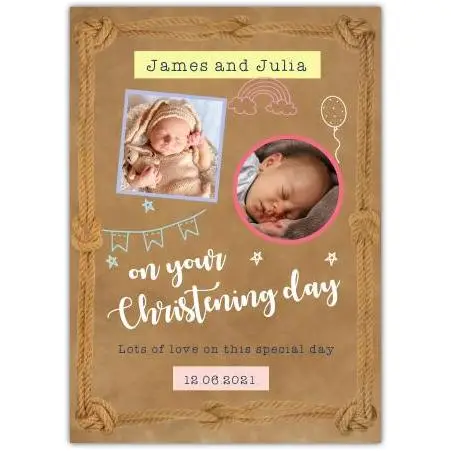 Personalised Christening Day Scrapbook Photo Upload Card with Rope Border Design