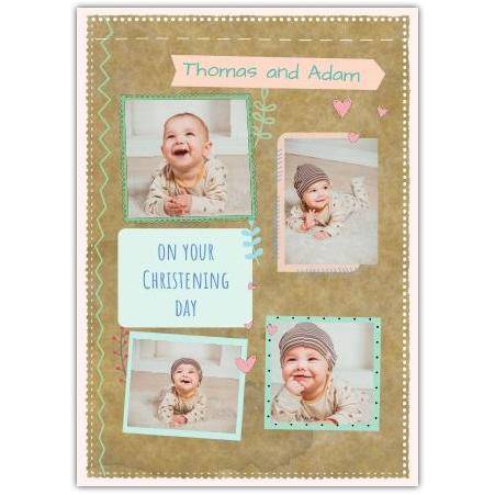 Personalised Christening Day Scrapbook Photo Greeting Card with Hearts and Leaf Design