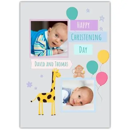 Personalised Christening Day Card with Giraffe and Balloons Photo Upload Design