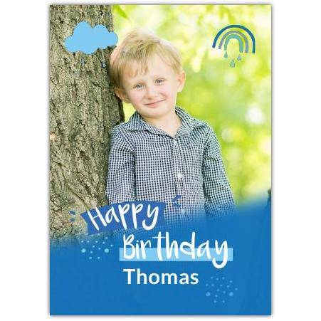 Personalised Blue Photo Birthday Card with Rainbow and Cloud Design