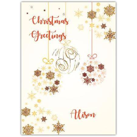 Personalised Christmas Greetings Card with Gold Bauble and Snowflake Design