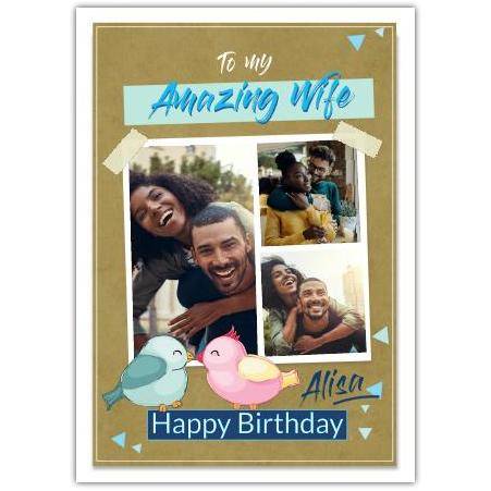 Personalised Happy Birthday Card for Wife with Cute Bird Couple and Photo Collage Design