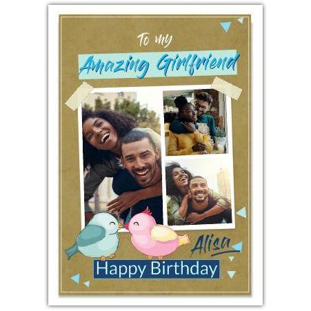 Personalised Happy Birthday Card for Girlfriend with Cute Bird Illustration and Photo Collage