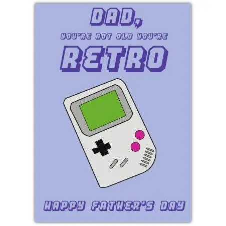 Fathers Day Retro Gaming Card with Vintage Handheld Console Design and Humorous Message