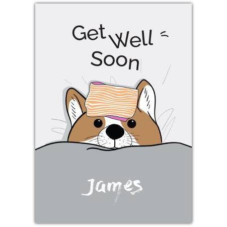 Personalised Get Well Soon Card Featuring Cute Dog in Bed with Cooling Pad Design