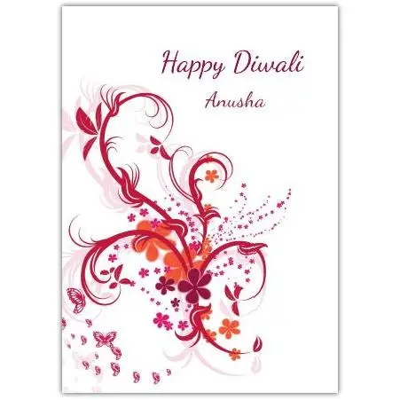 Personalised Happy Diwali Card with Red Butterfly and Floral Design
