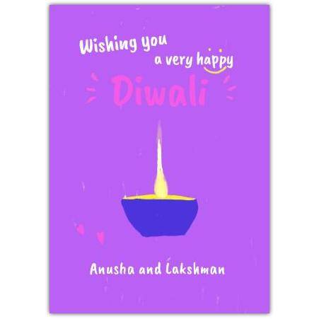 Personalised Purple Diya Lamp Diwali Greeting Card with Custom Name Option