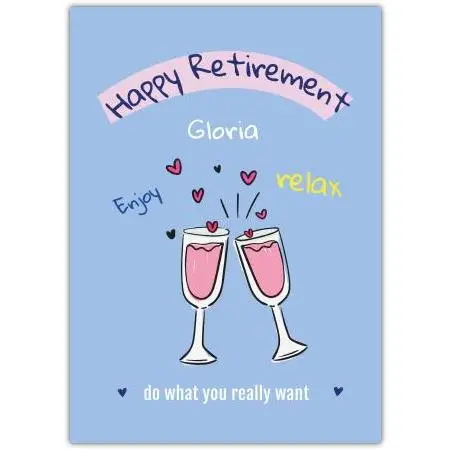 Personalised Happy Retirement Card Pink Wine Glasses Clink and Hearts Design