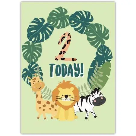 Two Today Jungle Animal Birthday Card for Kids with Lion Zebra and Giraffe Design