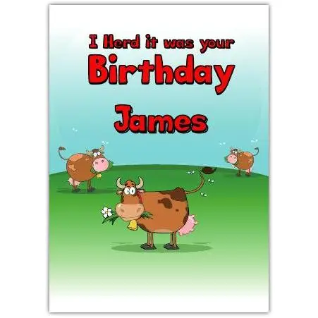 Personalised Herd It Was Your Birthday Card with Cartoon Cows and Green Sky Background