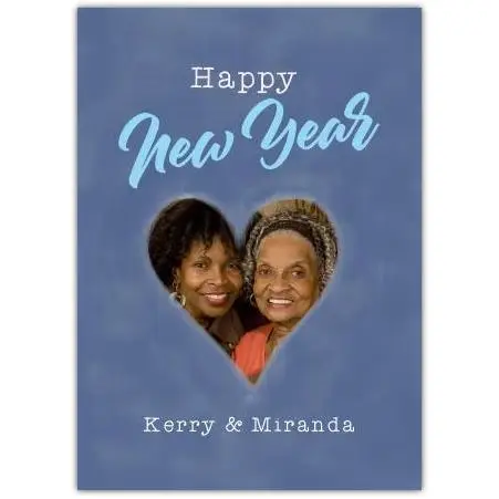 Personalised Blue Heart Photo Happy New Year Greeting Card
