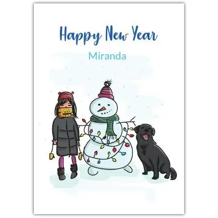 Personalised Happy New Year Card with Girl Dog and Snowman Design