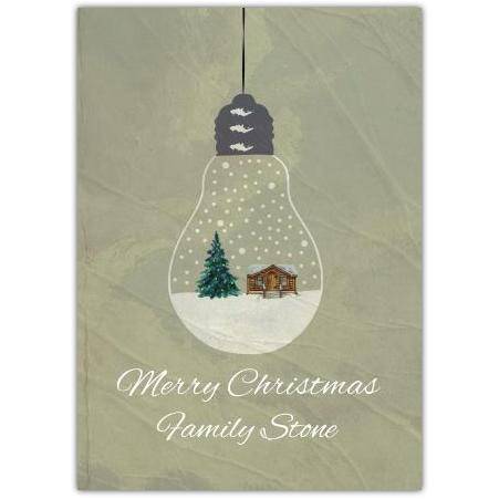 Merry Christmas Snowglobe Lightbulb Holiday Greeting Card with Cabin and Tree Design