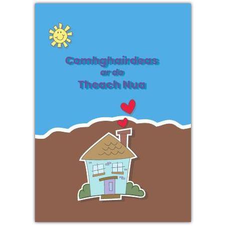 Congratulations on Your New Home Card in Irish Language with Cartoon House Design